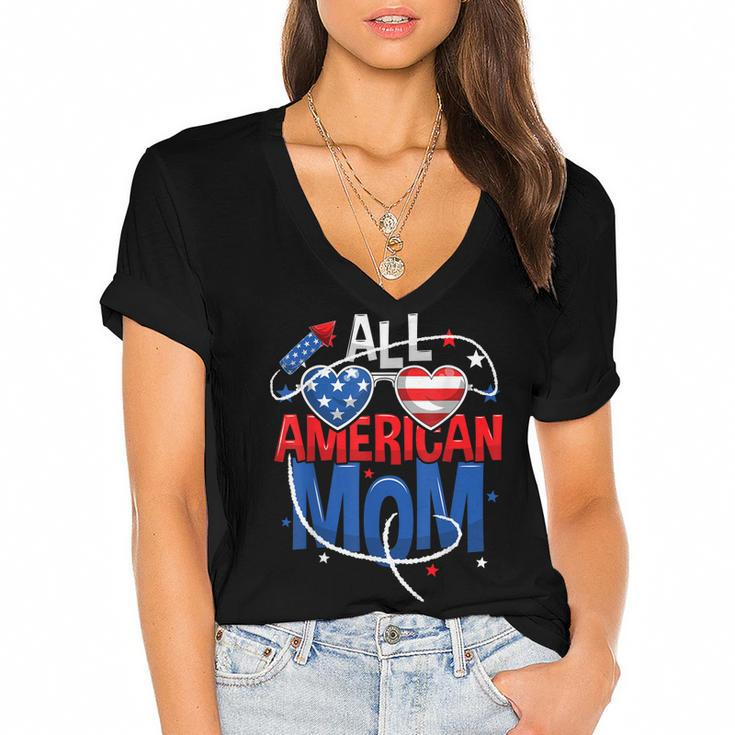 All American Mom 4Th Of July Mothers Women Mommy Family  Women's Jersey Short Sleeve Deep V-Neck Tshirt