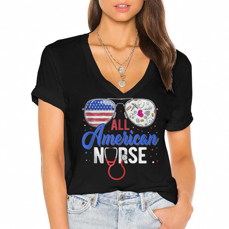 All American Nurse Scrub Heart Stethoscope 4Th Of July Nurse  Women's Jersey Short Sleeve Deep V-Neck Tshirt