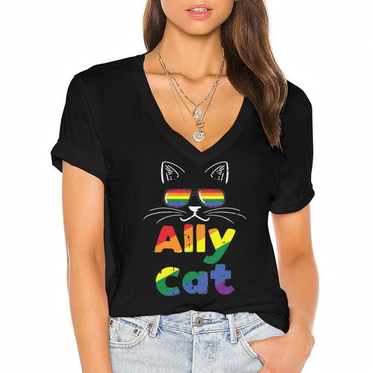 Ally Cat Pride Month Straight Ally Gay Lgbtq Lgbt Women Women's Jersey Short Sleeve Deep V-Neck Tshirt
