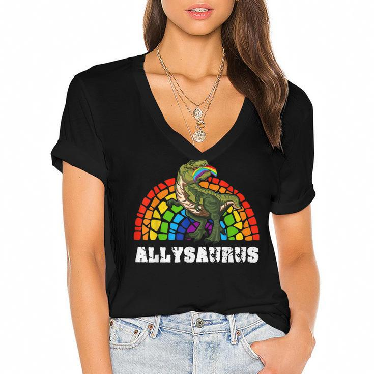 Allysaurus Dinosaur In Rainbow Flag For Ally Lgbt Pride  V3 Women's Jersey Short Sleeve Deep V-Neck Tshirt