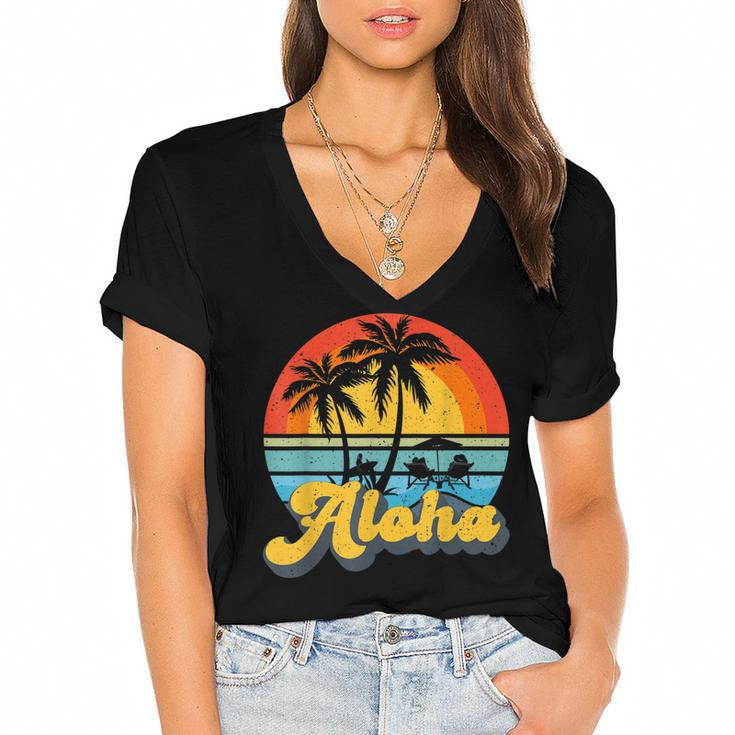 Aloha Hawaii Hawaiian Island Vintage Palm Tree Surfboard  V2 Women's Jersey Short Sleeve Deep V-Neck Tshirt