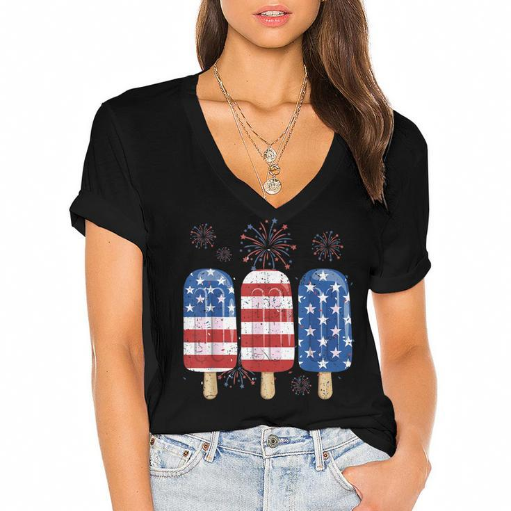 America 4Th Of July Popsicle Ice Cream Us Flag Patriotic  Women's Jersey Short Sleeve Deep V-Neck Tshirt