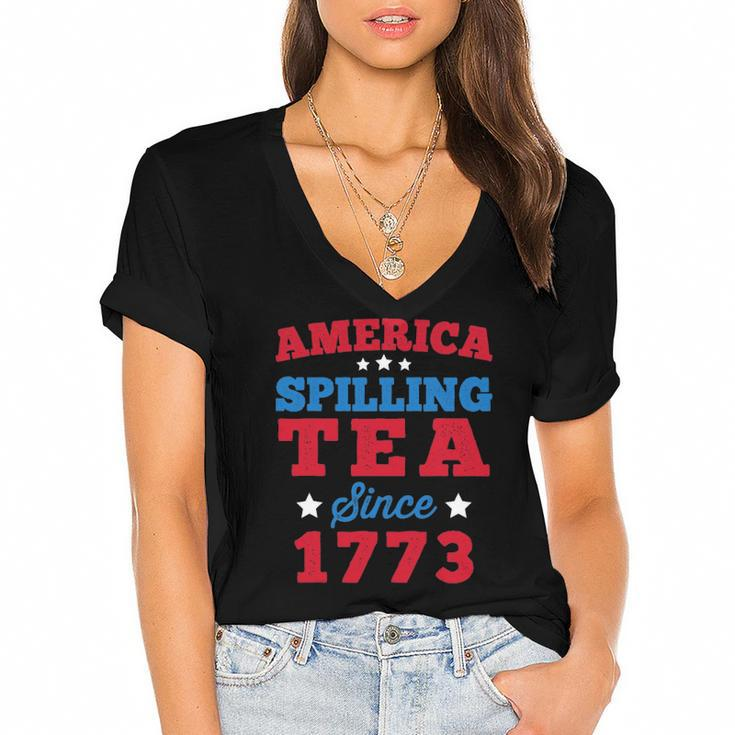 America Spilling Tea Since 1773 Boston Party Funny 4Th July Women's Jersey Short Sleeve Deep V-Neck Tshirt