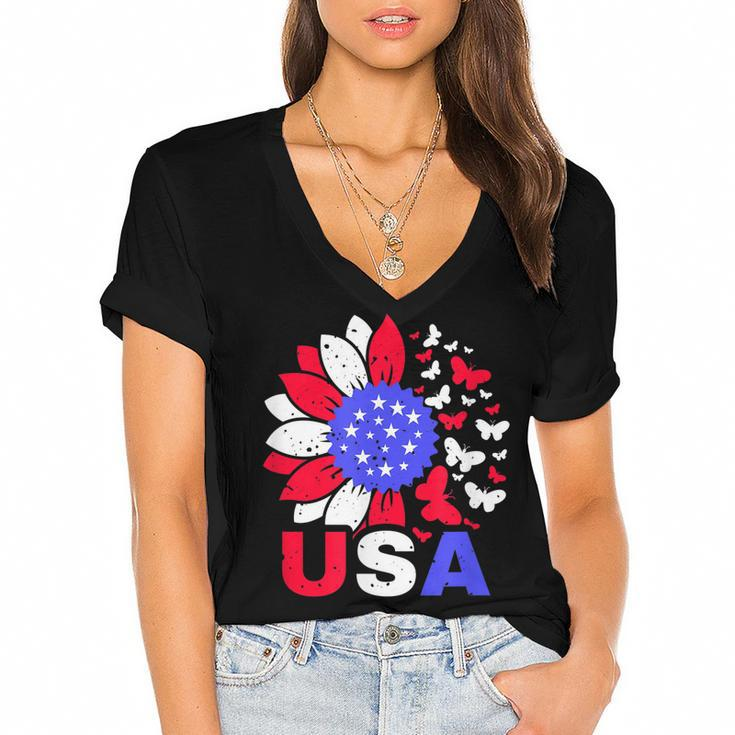 American Flag 4Th Of July Proud Usa Flower Girl  Women's Jersey Short Sleeve Deep V-Neck Tshirt