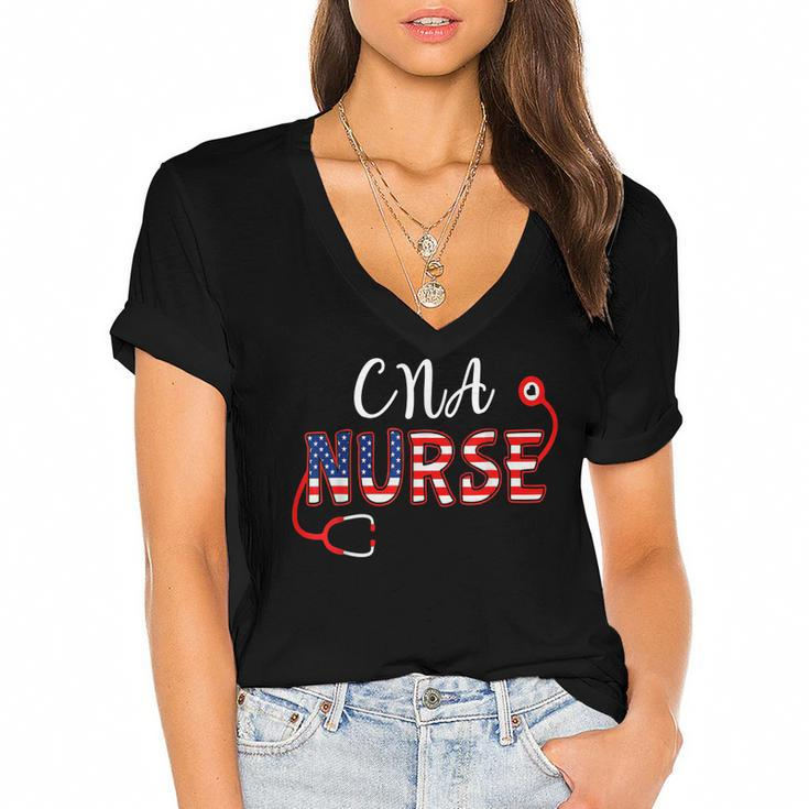 American Flag Cna Nurse Stethoscope 4Th Of July Patriotic  Women's Jersey Short Sleeve Deep V-Neck Tshirt