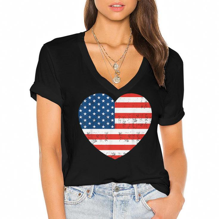 American Flag Heart 4Th Of July Usa Patriotic  V2 Women's Jersey Short Sleeve Deep V-Neck Tshirt