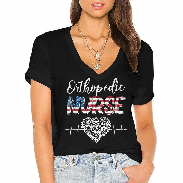 American Flag Stethoscope Orthopedic Nurse Scrub 4Th Of July  Women's Jersey Short Sleeve Deep V-Neck Tshirt