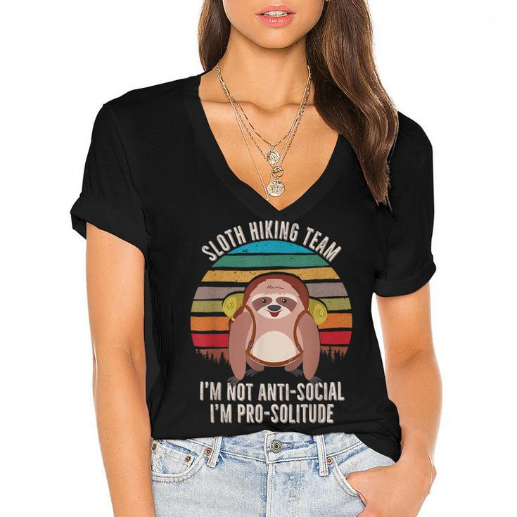 Anti-Social Sloth Hiking Im Not Anti-Social Im Pro-Solitude  Women's Jersey Short Sleeve Deep V-Neck Tshirt
