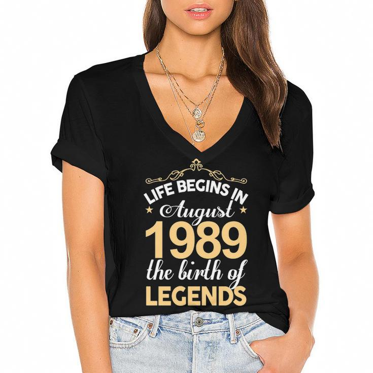August 1989 Birthday   Life Begins In August 1989 V2 Women's Jersey Short Sleeve Deep V-Neck Tshirt