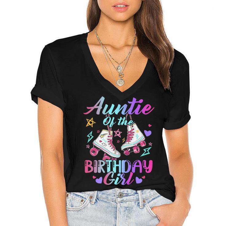 Auntie Of The Birthday Girl Rolling Birthday Roller Skates Women's Jersey Short Sleeve Deep V-Neck Tshirt