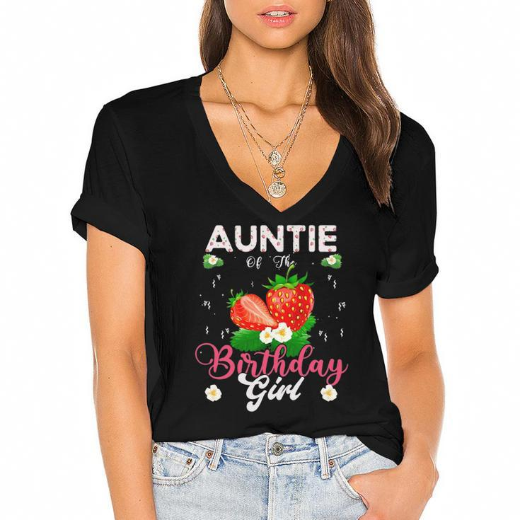 Auntie Of The Birthday Girls Strawberry Theme Sweet Party Women's Jersey Short Sleeve Deep V-Neck Tshirt