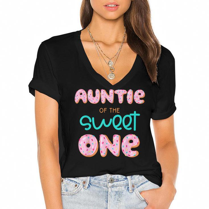 Auntie Of The Sweet One First Birthday Matching Family Donut  Women's Jersey Short Sleeve Deep V-Neck Tshirt