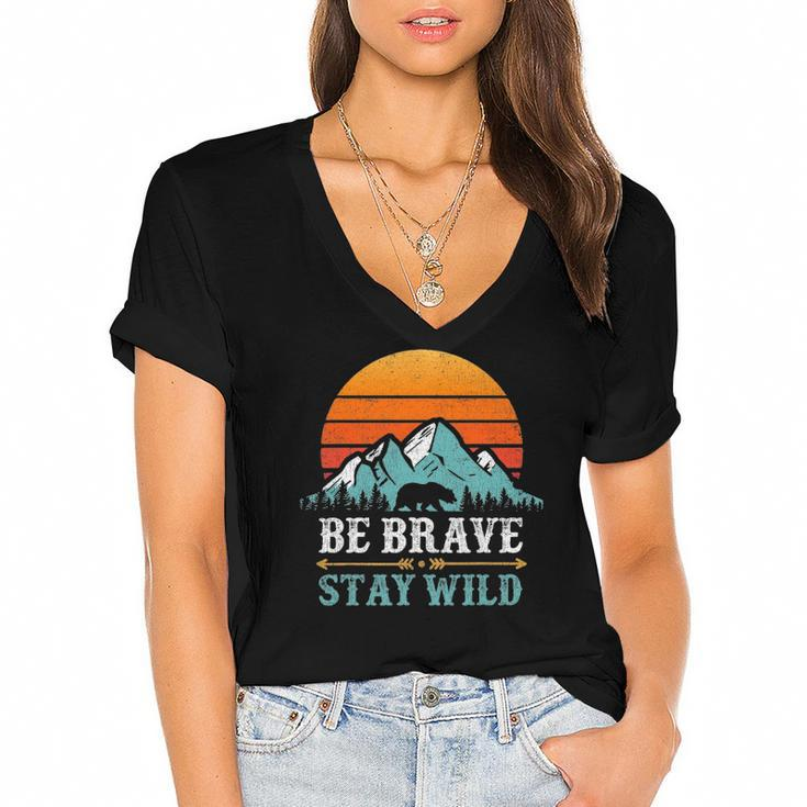 Be Brave Stay Wild Bear Mountains Vintage Retro Hiking Women's Jersey Short Sleeve Deep V-Neck Tshirt