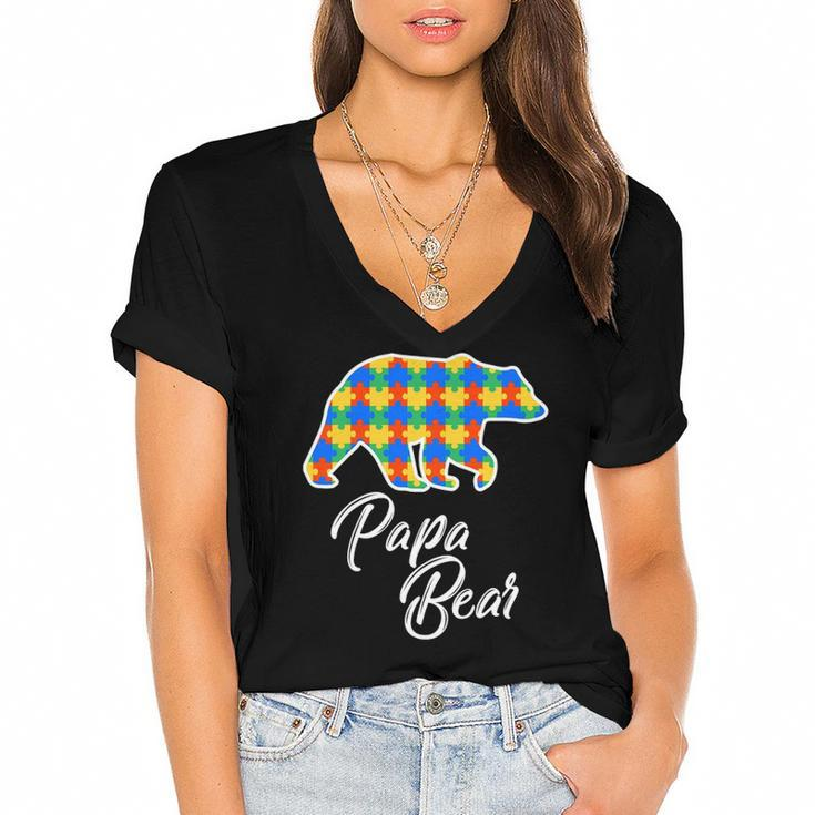 Bear Autism Puzzle Awareness  Papa Bear Gifts Women's Jersey Short Sleeve Deep V-Neck Tshirt