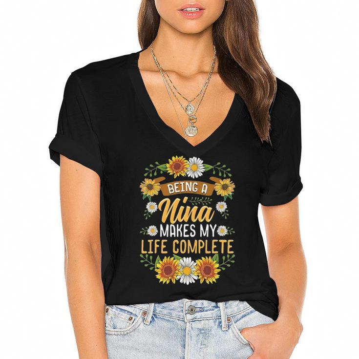 Being A Nina Makes My Life Complete  Sunflower Gift Women's Jersey Short Sleeve Deep V-Neck Tshirt