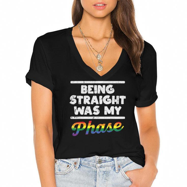 Being Straight Was My Phase Gay Rainbow Pride Flag Lgbtq Women's Jersey Short Sleeve Deep V-Neck Tshirt