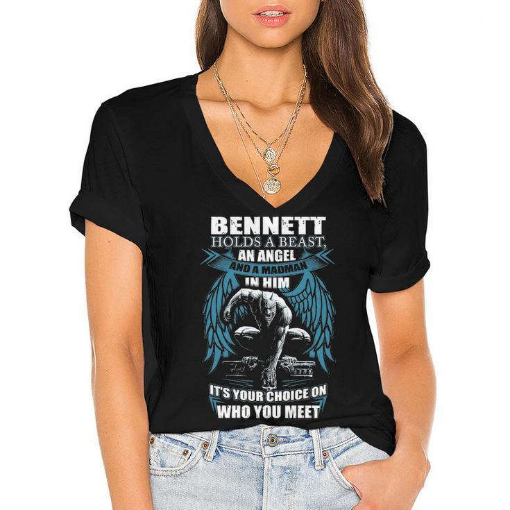 Bennett Name Gift   Bennett And A Mad Man In Him Women's Jersey Short Sleeve Deep V-Neck Tshirt