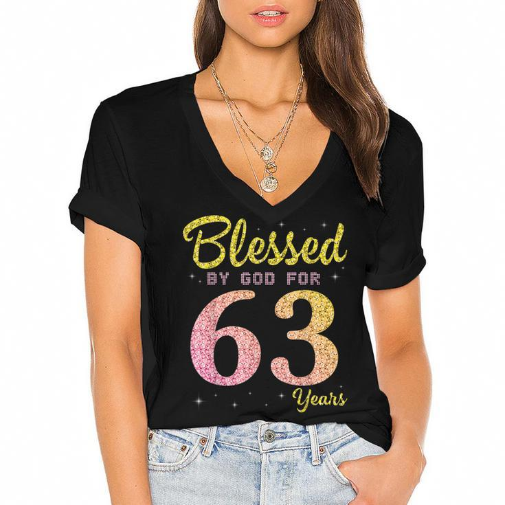 Blessed Birthday By God For 63 Years Old Happy To Me You Mom  Women's Jersey Short Sleeve Deep V-Neck Tshirt