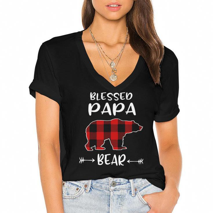Blessed Papa Bear Buffalo Plaid Bear  For Papa Women's Jersey Short Sleeve Deep V-Neck Tshirt
