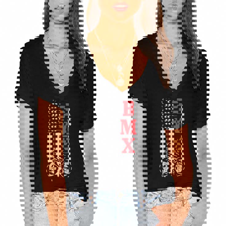 Bmx American Flag Patriotic Bike Gift Men Women Boys Kids Women's Jersey Short Sleeve Deep V-Neck Tshirt