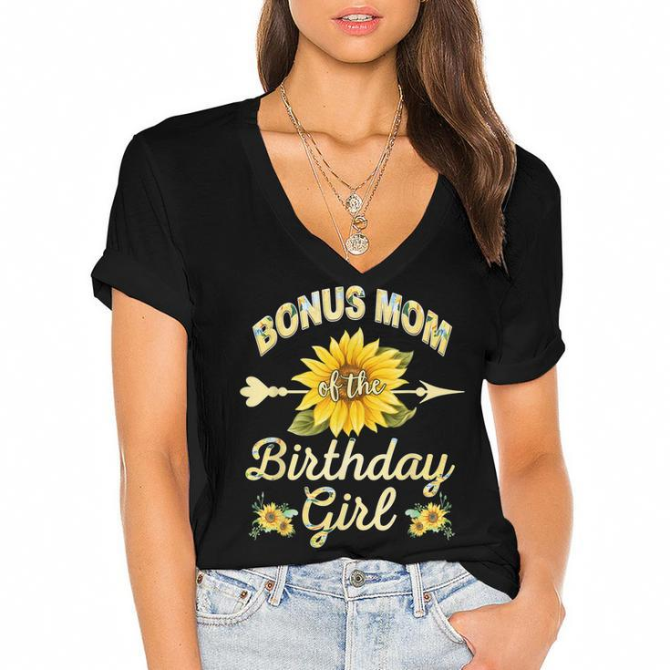 Bonus Mom Of The Birthday Girl Sunflower Family Matching  Women's Jersey Short Sleeve Deep V-Neck Tshirt