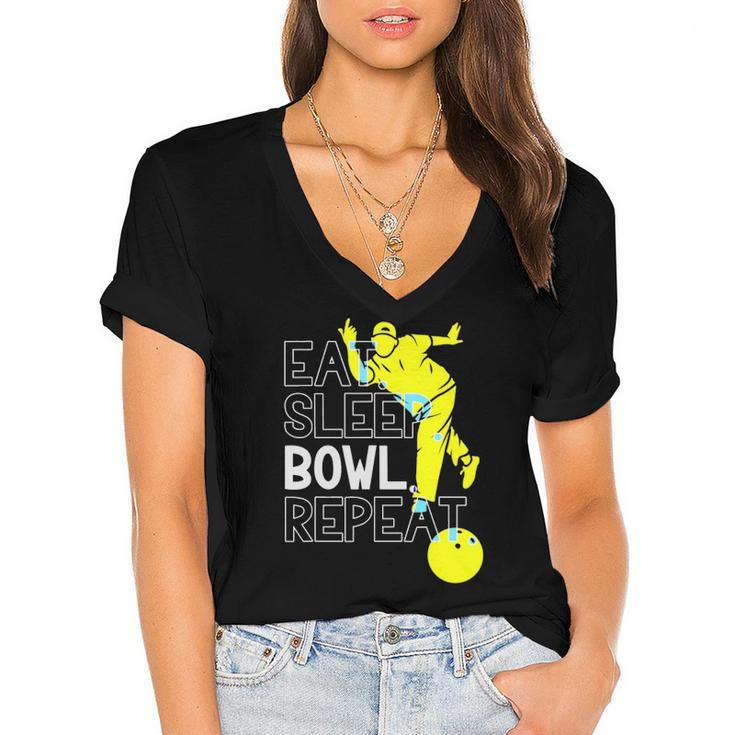 Bowling Eat Sleep Bowl Repeat Women's Jersey Short Sleeve Deep V-Neck Tshirt