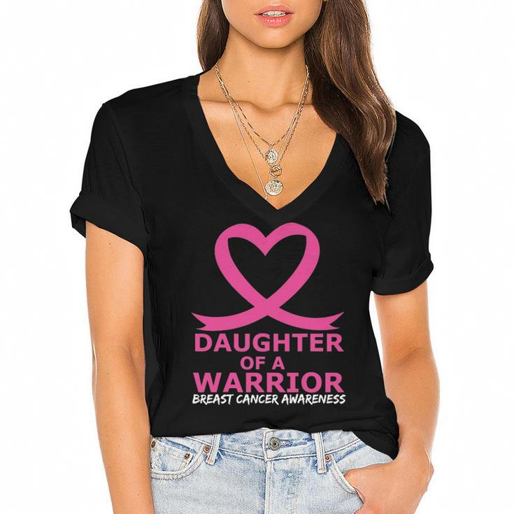 Breast Cancer Daughter Of A Warrior Pink Heart Ribbon Women's Jersey Short Sleeve Deep V-Neck Tshirt