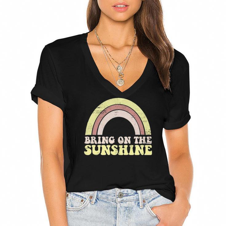 Bring On The Sunshine Distressed Graphic Tee Women Rainbow Women's Jersey Short Sleeve Deep V-Neck Tshirt