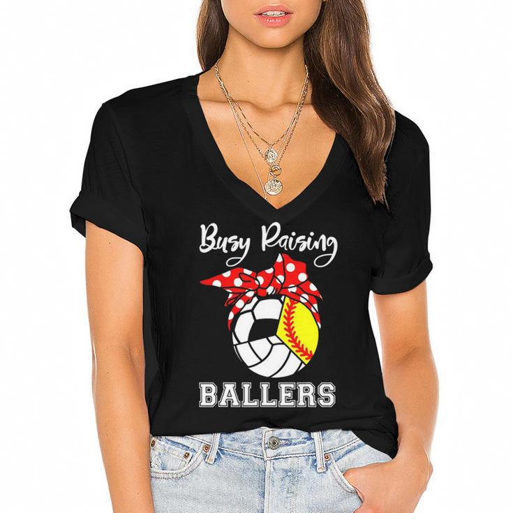 Busy Raising Ballers Funny Softball Volleyball Soccer Mom Women's Jersey Short Sleeve Deep V-Neck Tshirt