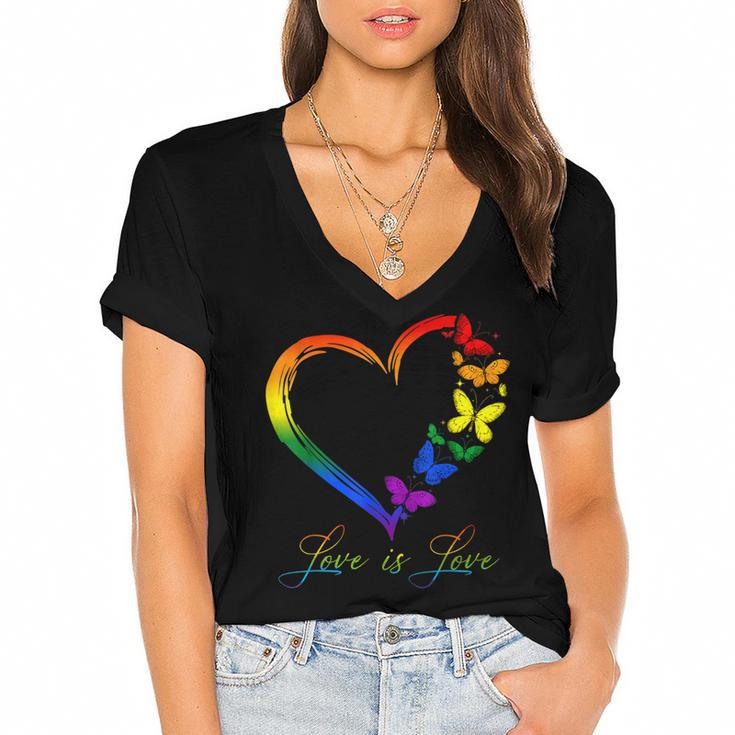 Butterfly Heart Rainbow Love Is Love Lgbt Gay Lesbian Pride  Women's Jersey Short Sleeve Deep V-Neck Tshirt