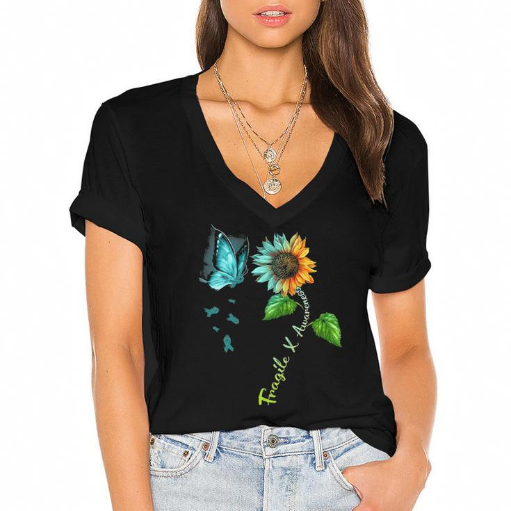 Butterfly Sunflower Fragile X Awareness Syndrome Women's Jersey Short Sleeve Deep V-Neck Tshirt