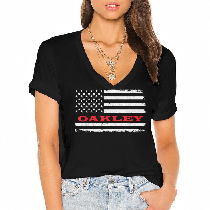California American Flag Oakley Usa Patriotic Souvenir  Women's Jersey Short Sleeve Deep V-Neck Tshirt