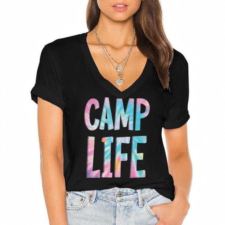 Camp Life Tie-Die Summer Top For Girls Summer Camp Tee Women's Jersey Short Sleeve Deep V-Neck Tshirt