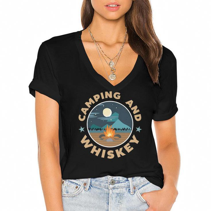 Camping  Hiking Road Trip Camping And Whiskey  Women's Jersey Short Sleeve Deep V-Neck Tshirt