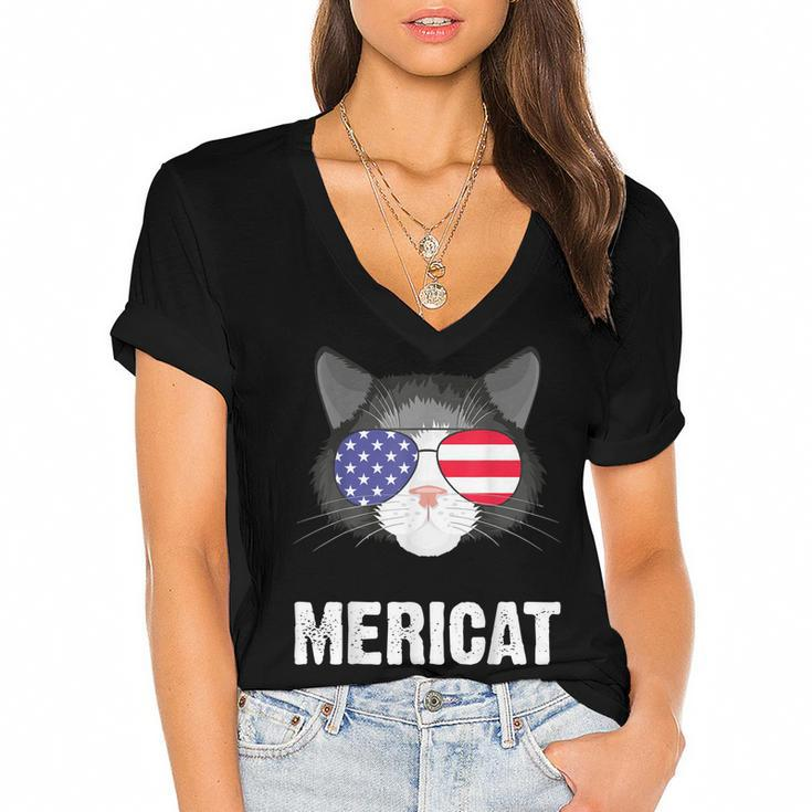 Cat American Flag Independence Day Mericat 4Th Of July  Women's Jersey Short Sleeve Deep V-Neck Tshirt
