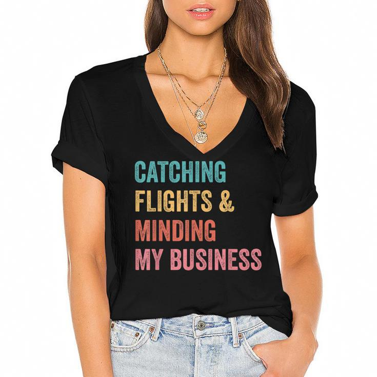 Catching Flights & Minding My Business  Women's Jersey Short Sleeve Deep V-Neck Tshirt
