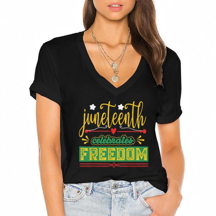 Celebrate Juneteenth Green Freedom African American  Women's Jersey Short Sleeve Deep V-Neck Tshirt