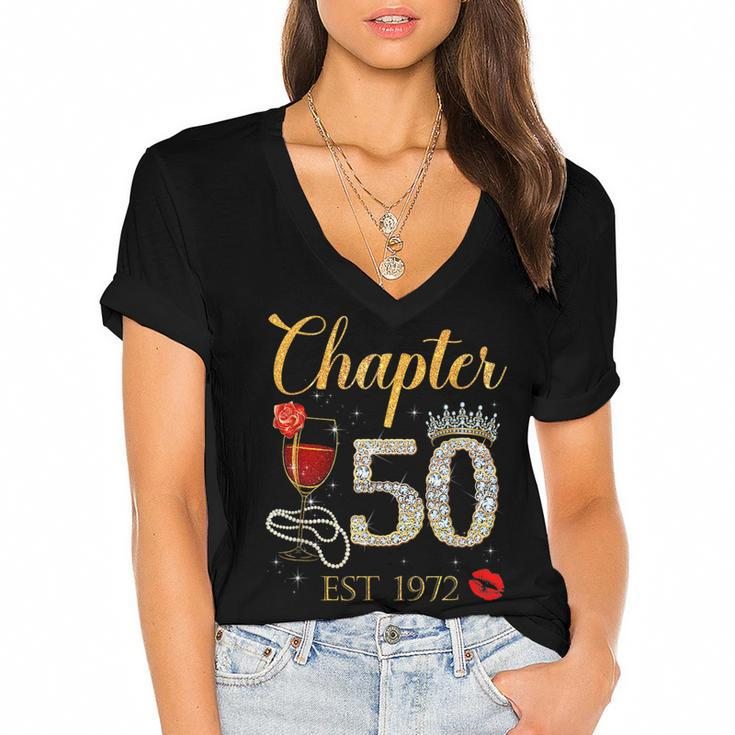 Chapter 50 Years Est 1972 50Th Birthday Red Rose Wine Crown  Women's Jersey Short Sleeve Deep V-Neck Tshirt