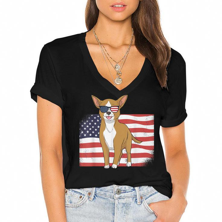 Chihuahua Dad & Mom American Flag 4Th Of July Usa Funny Dog  Women's Jersey Short Sleeve Deep V-Neck Tshirt