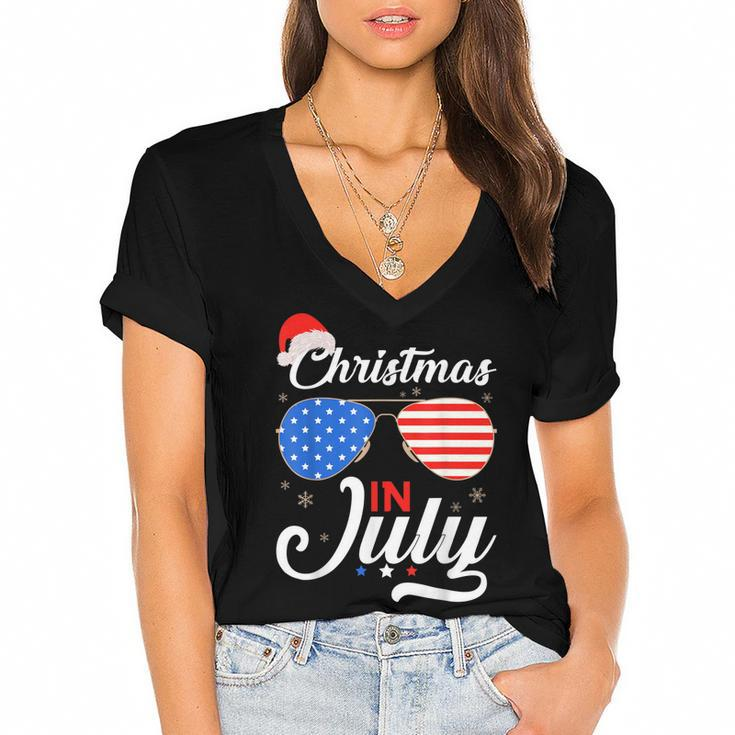 Christmas In July Funny 4Th Of July Beach Summer Christmas  Women's Jersey Short Sleeve Deep V-Neck Tshirt