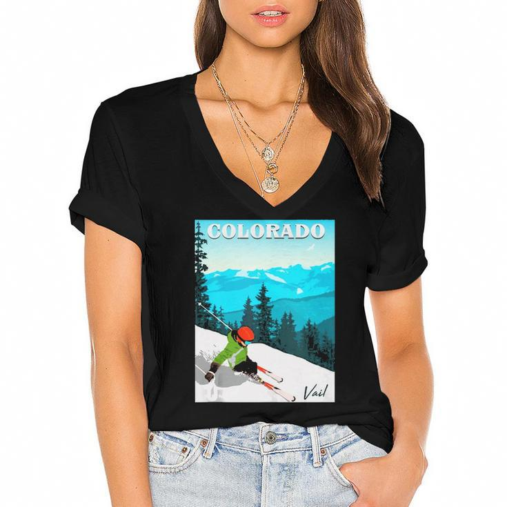 Colorado Vail Mountains Retro Travel Graphic Design  Women's Jersey Short Sleeve Deep V-Neck Tshirt