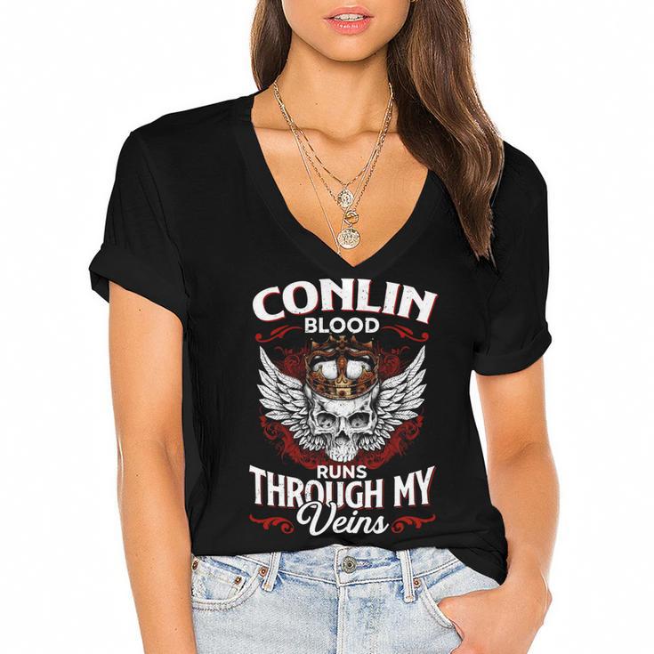 Conlin Blood Runs Through My Veins Name V2 Women's Jersey Short Sleeve Deep V-Neck Tshirt