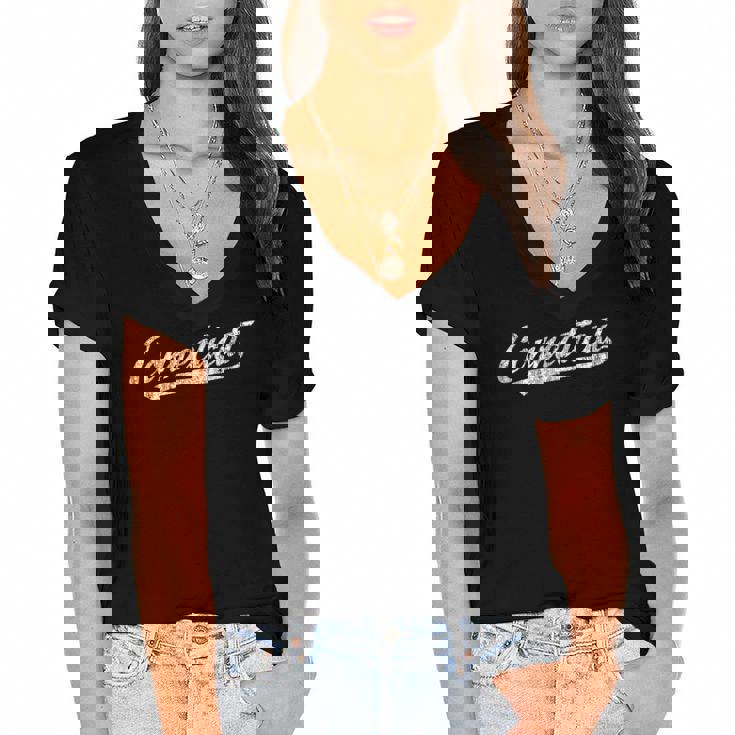 Connecticut Ct Vintage Sports Script Retro Tee Women's Jersey Short Sleeve Deep V-Neck Tshirt