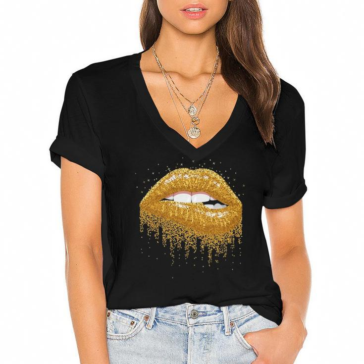 Cool Lips Bite Kiss Me -Gold Sparkle- Sexy Lips Gift Women's Jersey Short Sleeve Deep V-Neck Tshirt