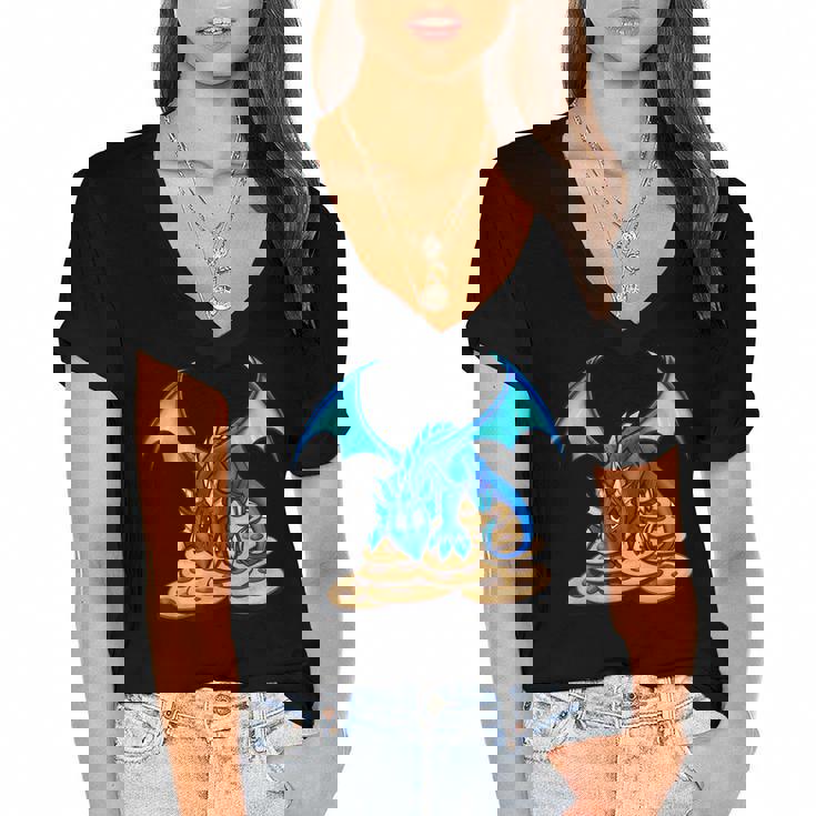 Cute Blue Dragon And His Cookie Treasure Hoard  Women's Jersey Short Sleeve Deep V-Neck Tshirt