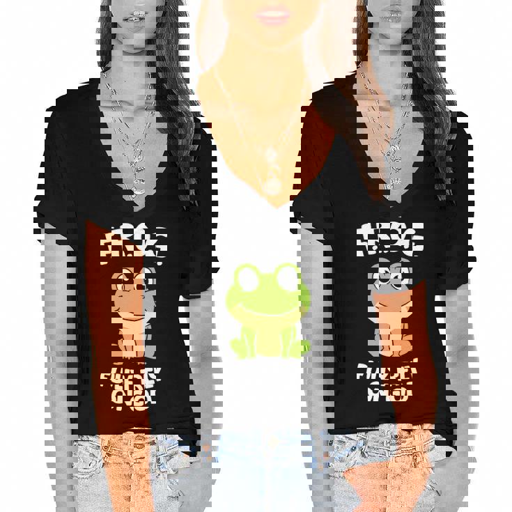 Cute Frog Fully Rely On God Christian Frog  Women's Jersey Short Sleeve Deep V-Neck Tshirt