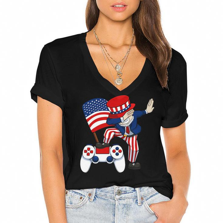 Dabbing Patriotic Gamer 4Th Of July Video-Game Controller T-Shirt Women's Jersey Short Sleeve Deep V-Neck Tshirt