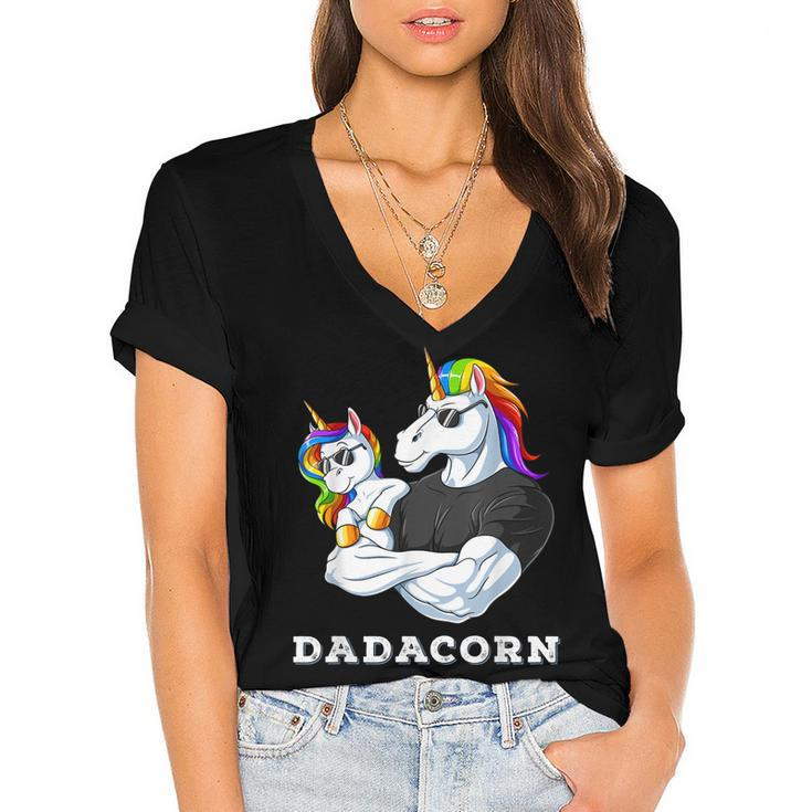 Dadacorn Unicorn Dad Of The Birthday Girl Princess Daughter  Women's Jersey Short Sleeve Deep V-Neck Tshirt