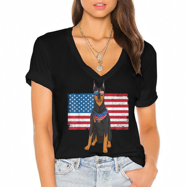 Doberman Dad & Mom American Flag 4Th Of July Usa Funny Dog  Women's Jersey Short Sleeve Deep V-Neck Tshirt