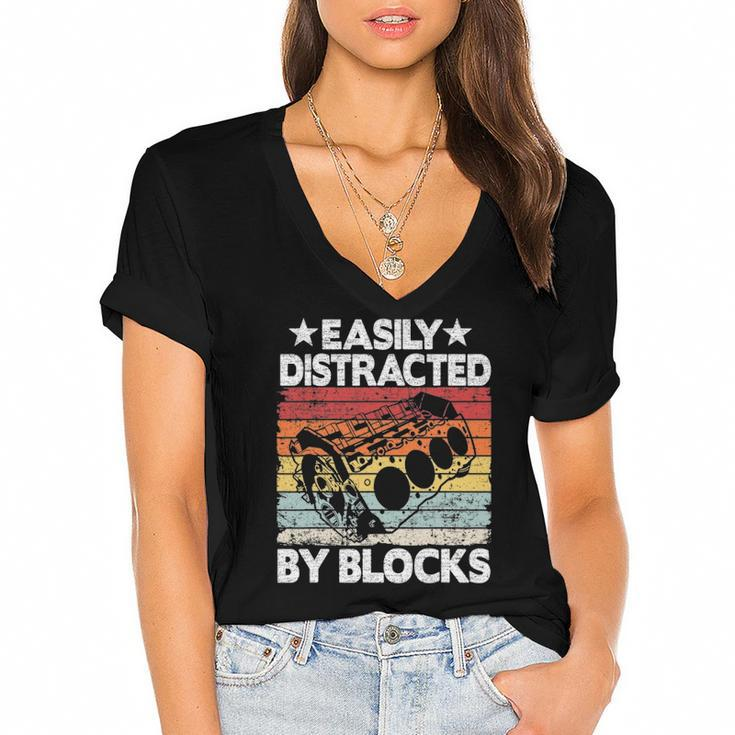 Easily Distracted By Blocks Racing Car Parts Funny Mechanic Women's Jersey Short Sleeve Deep V-Neck Tshirt